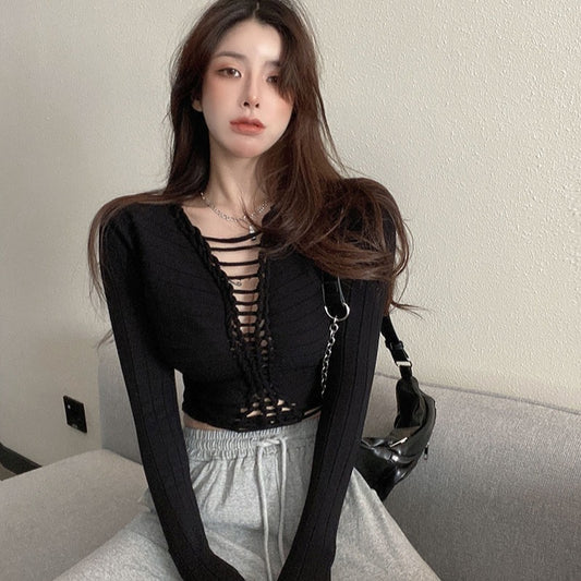 Be Careful Of The Machine Hollow Tie Ice Silk Sweater T shirt Women