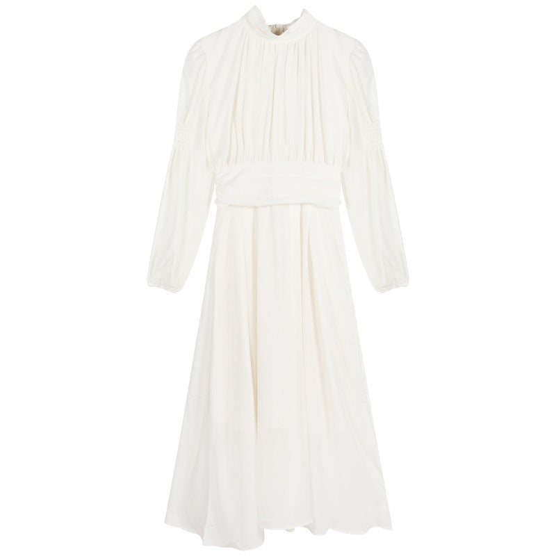 French White Half-high Collar Long Sleeves Dress