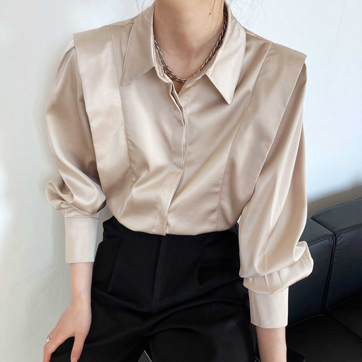 Rüschen Satin Shirt Damen Langarm French Light Familiar Design Nischen Shirt