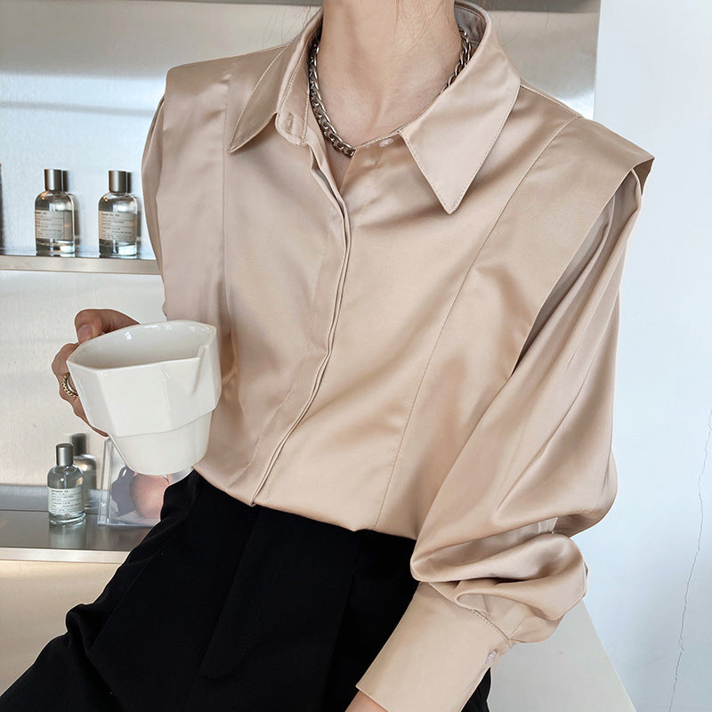 Rüschen Satin Shirt Damen Langarm French Light Familiar Design Nischen Shirt