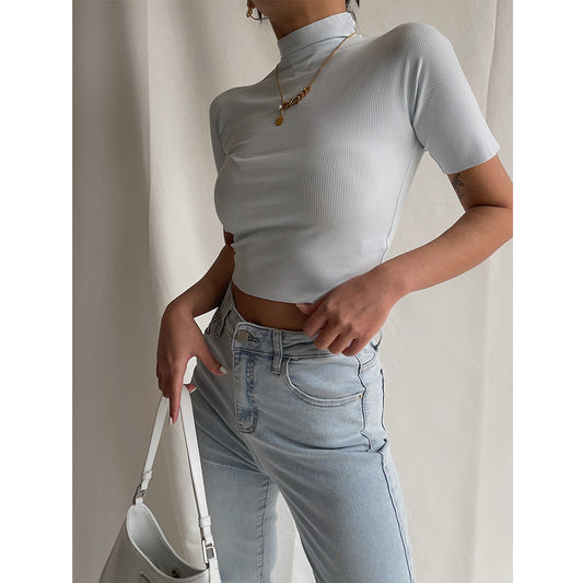 Semi-High Collar Sexy Slim Figure High Waist Short-Sleeved T-Shirt With Waist Top And Summer Thin Section