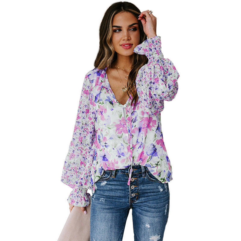 Women's Long Sleeved Shirt Loose Fashion Floral Pattern Ladies Shirt