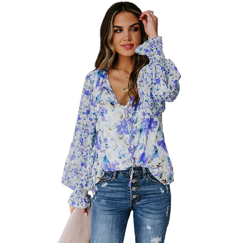 Women's Long Sleeved Shirt Loose Fashion Floral Pattern Ladies Shirt