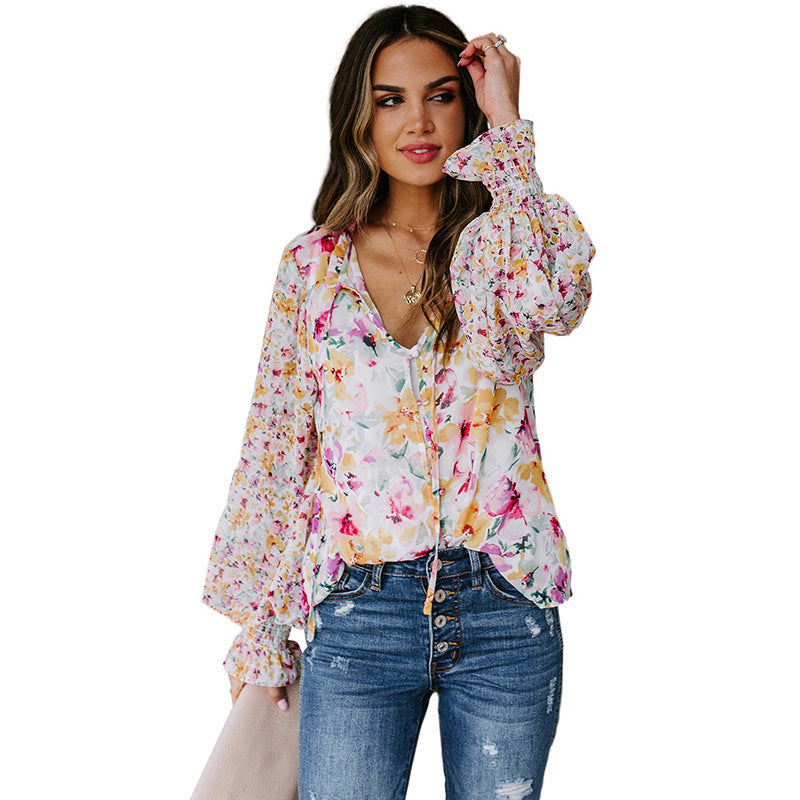 Camisa de manga larga para mujer Camisa holgada con estampado floral de moda para mujer