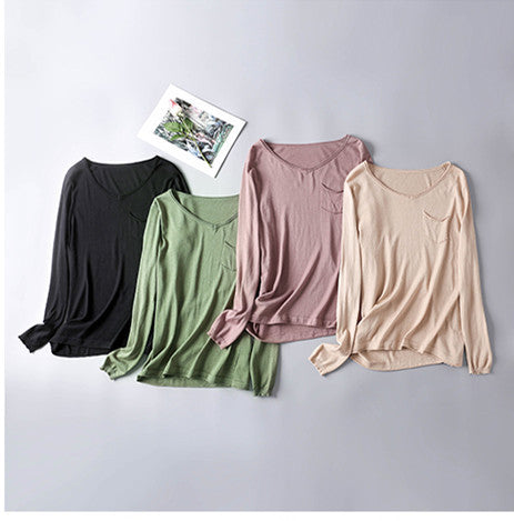 Autumn And Winter New Silk Cotton V-neck Long-Sleeved Bottoming Shirt, Warm Silk Top, Pullover, Slim-Fit T-Shirt, Simple Style