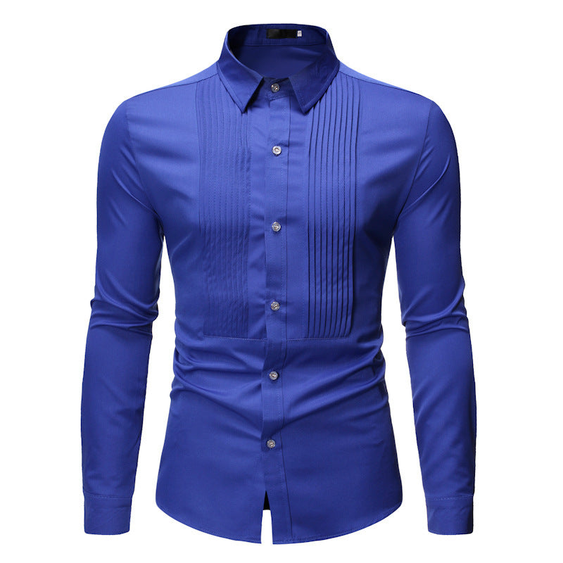 Camisa de esmoquin de boda azul real para hombre, camisas de vestir de manga larga ajustadas a la moda para hombre, camisa informal de negocios para hombre