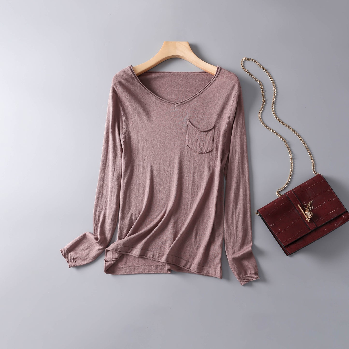 Autumn And Winter New Silk Cotton V-neck Long-Sleeved Bottoming Shirt, Warm Silk Top, Pullover, Slim-Fit T-Shirt, Simple Style