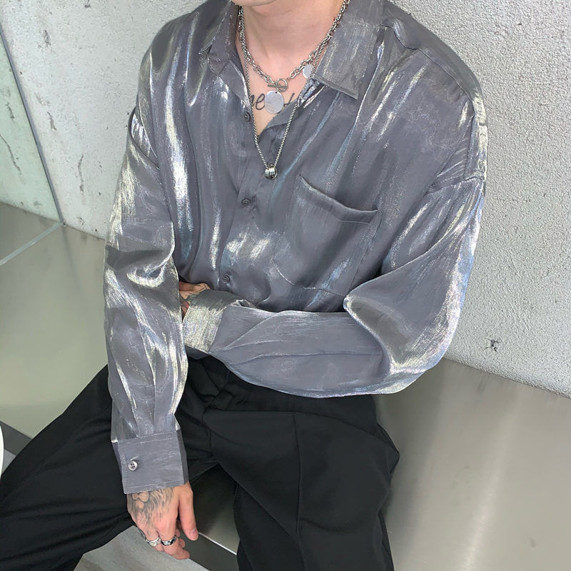 Glossy Texture Shirt Men'S Long-Sleeved Abstinence Pure Color Satin Shirt