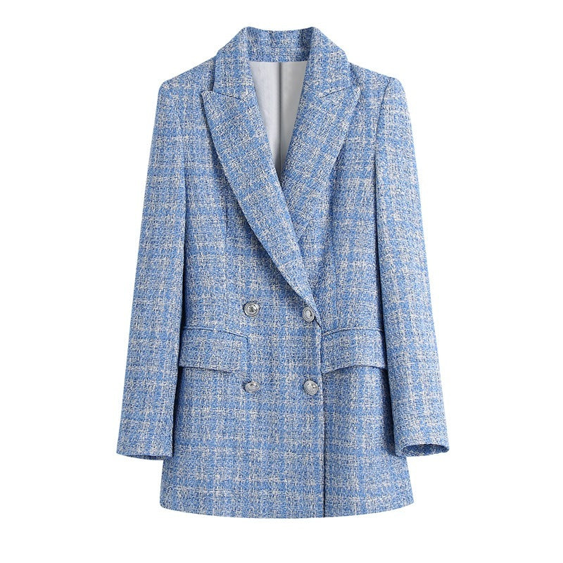 European And American Women'S Spring New Plaid Texture Double-Breasted Mid-Length Suit Jacket