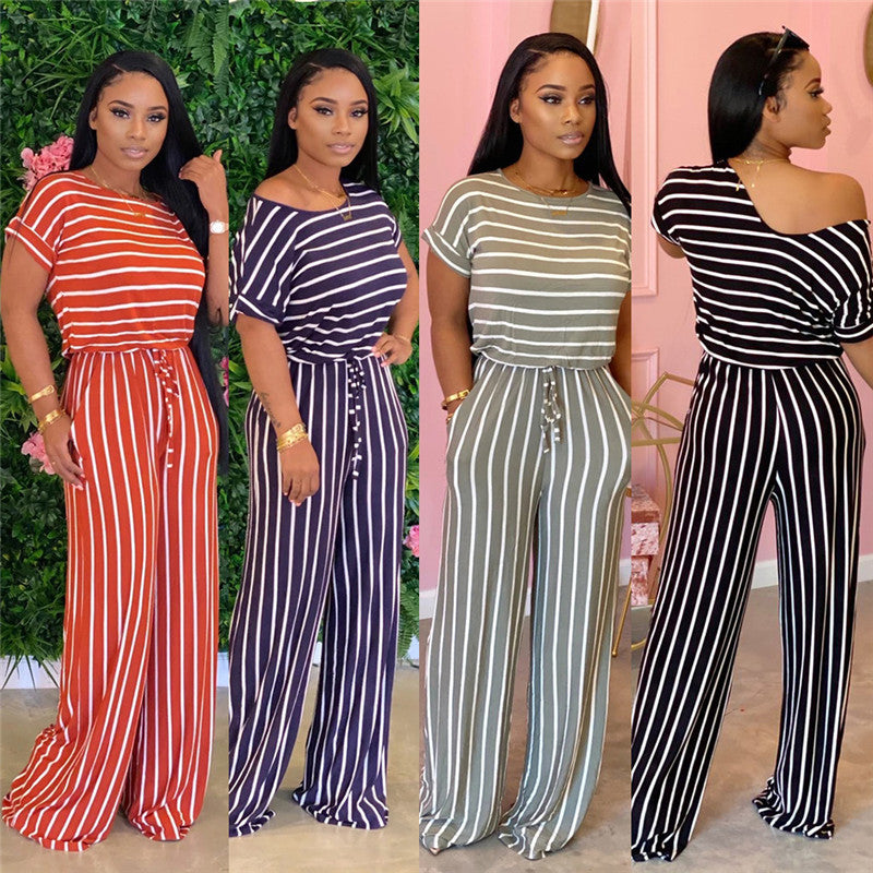 European And American Sexy Women's Loose Print Striped Jumpsuit