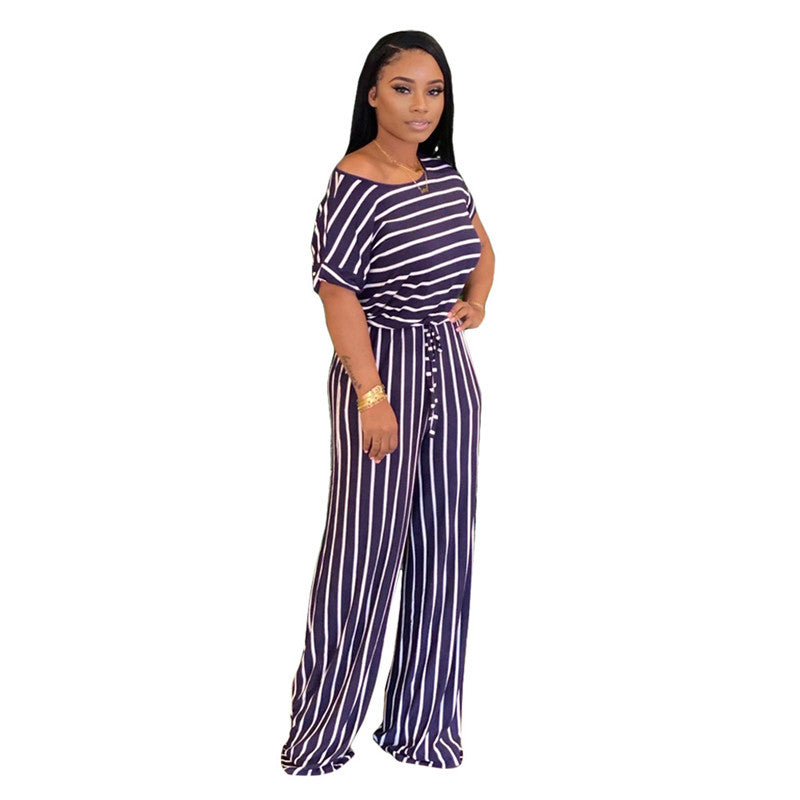 European And American Sexy Women's Loose Print Striped Jumpsuit