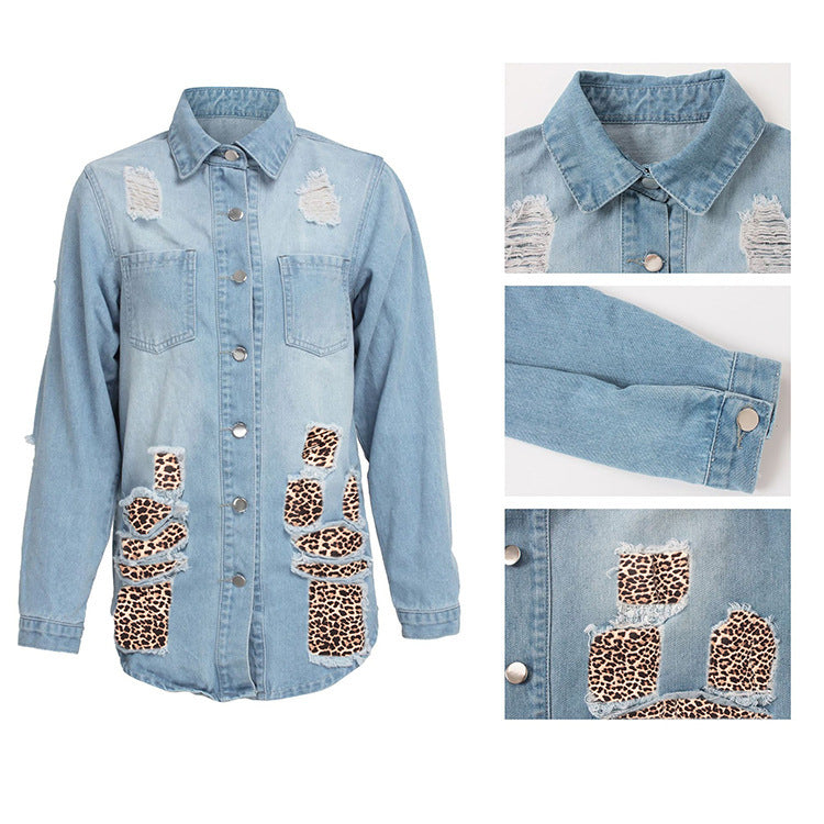 European And American Fashion Leopard Stitching Denim Jacket