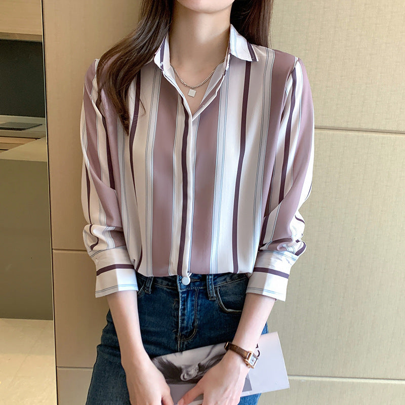 Spring Striped Shirt Female Design Sense Niche Chiffon Shirt Retro Wild Long-Sleeved Shirt Loose Shirt Women