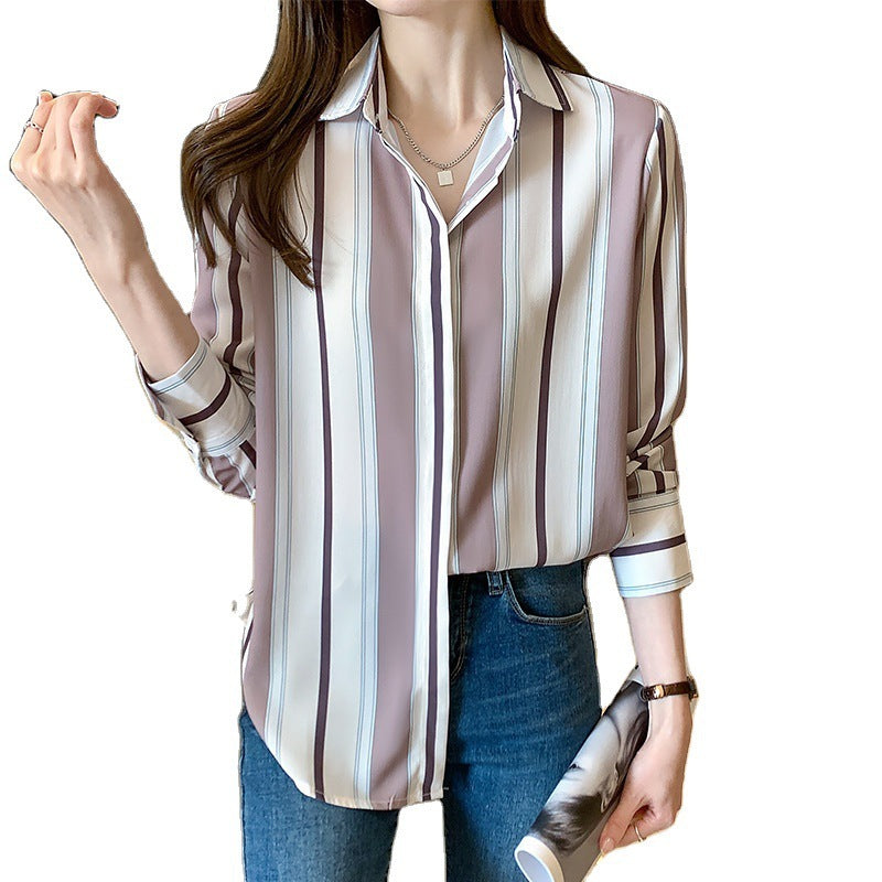 Camisa a rayas de primavera para mujer, camisa de gasa con diseño Sense Niche, camisa de manga larga Retro salvaje, camisa holgada para mujer