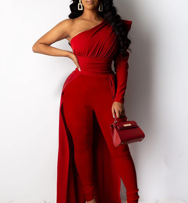 Roter Jumpsuit mit One-Shoulder-Puffärmeln im neuen europäischen und amerikanischen Stil mit schmalem, langem Mop