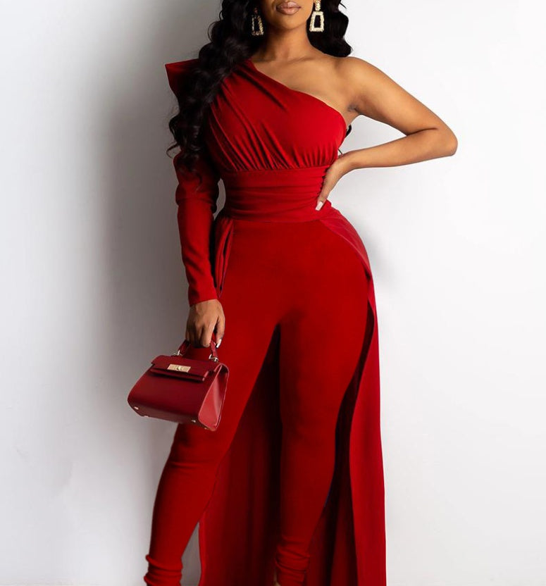 Roter Jumpsuit mit One-Shoulder-Puffärmeln im neuen europäischen und amerikanischen Stil mit schmalem, langem Mop