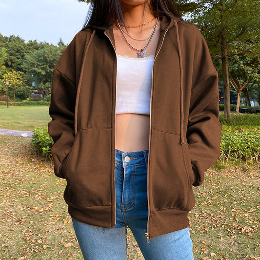 Eu Street Shooting Damen Herbst Und Winter Plus Samt Einfache Windbraune Reißverschluss Strickjacke Jacke Weibliche Wilde Lazy Wind Hoodie