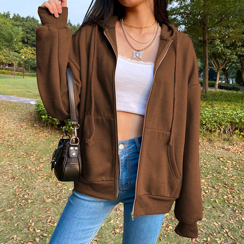 Eu Street Shooting Women'S Autumn And Winter Plus Velvet Simple Wind Brown Zipper Cardigan Jacket Female Wild Lazy Wind Hoodie