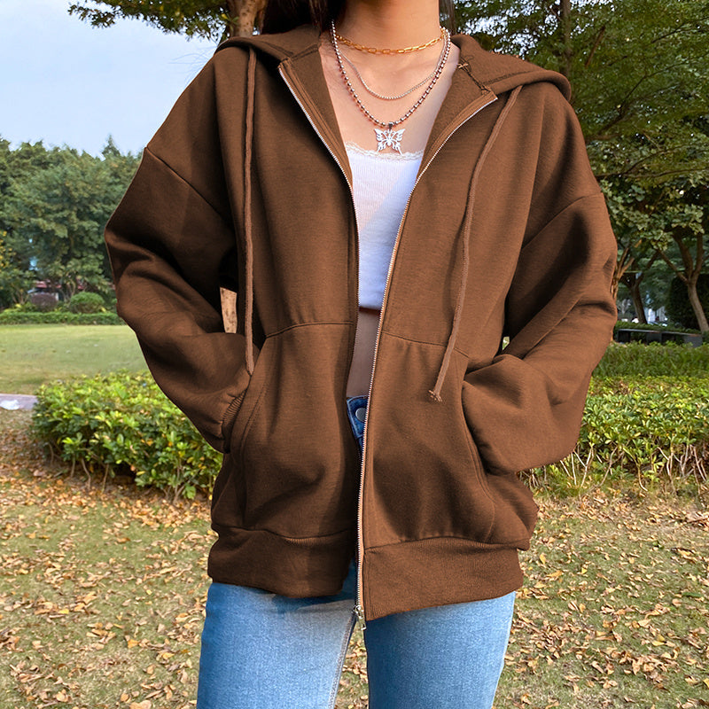 Eu Street Shooting Women'S Autumn And Winter Plus Velvet Simple Wind Brown Zipper Cardigan Jacket Female Wild Lazy Wind Hoodie