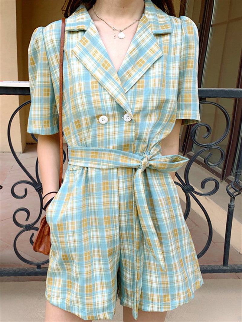 Suit Plaid Puff Sleeve Retro Hong Kong Style Temperament Waist Fairy One-piece Pants