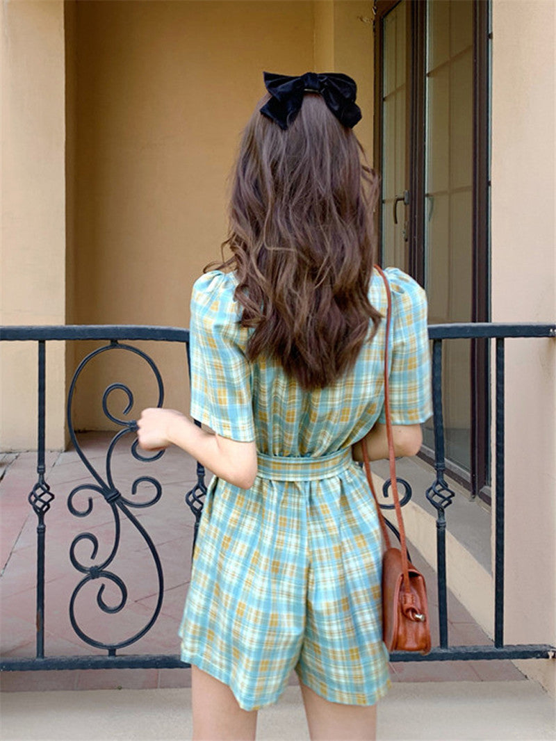 Suit Plaid Puff Sleeve Retro Hong Kong Style Temperament Waist Fairy One-piece Pants