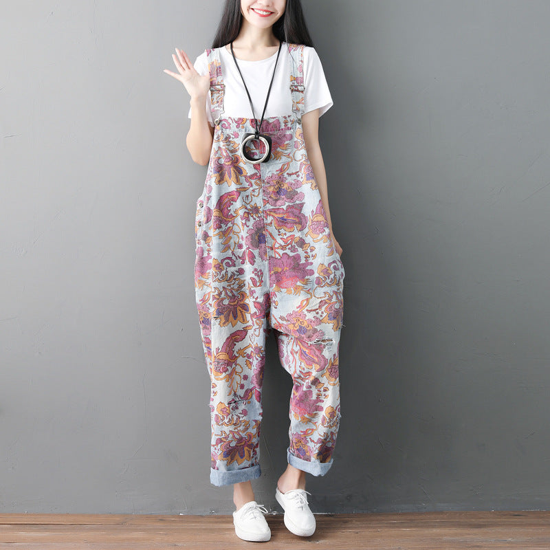 Spring And Summer Plus Size Overalls Ethnic  Old Jeans Washed Holes Suspenders Wandering Style