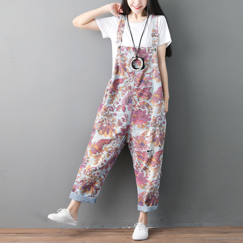 Spring And Summer Plus Size Overalls Ethnic  Old Jeans Washed Holes Suspenders Wandering Style