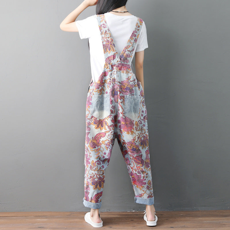 Spring And Summer Plus Size Overalls Ethnic  Old Jeans Washed Holes Suspenders Wandering Style