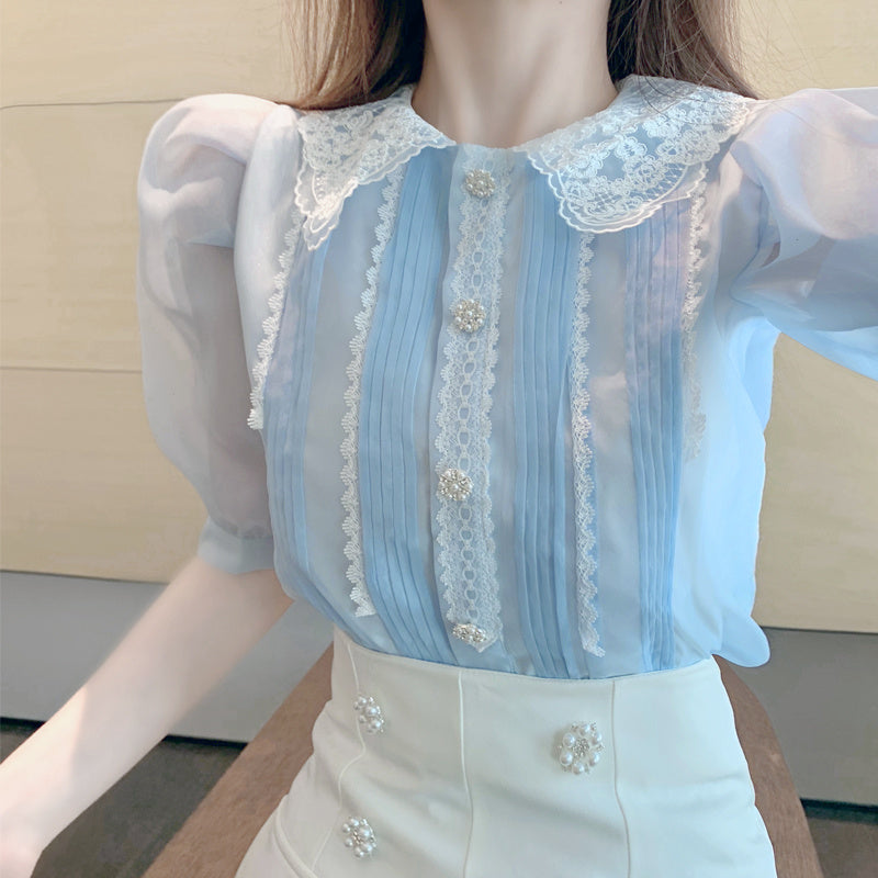 Summer Design Unique Blue French Gentle Lace Organza Bubble Sleeve Top