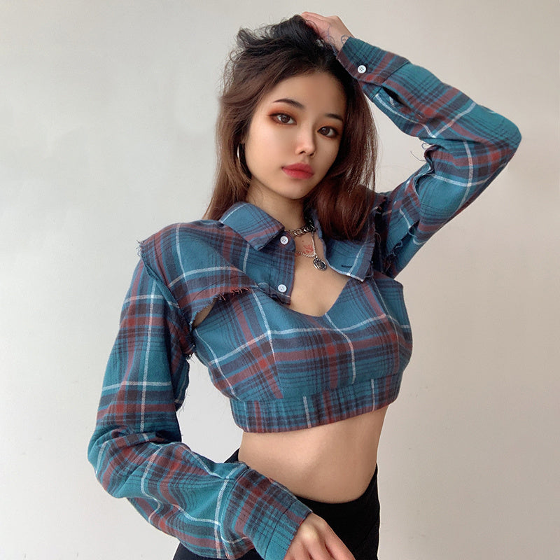 Checked Short Navel Two-piece Shirt