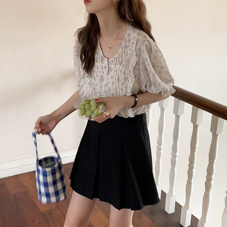 Floral Kurzarm Chiffon Shirt Frauen Sommer Koreanische Chic Sanfte Und Süße Bluse