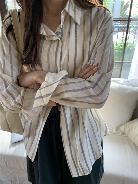 Seidiges, cooles, gestreiftes Langarm-Sonnenschutzhemd im koreanischen Stil für Damen