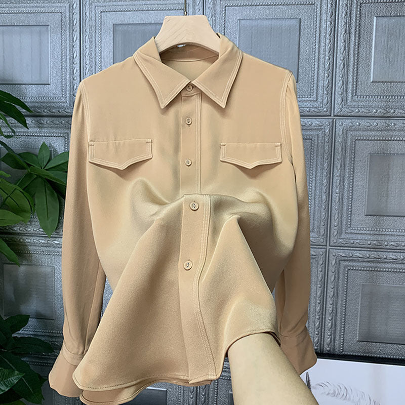 Bag Button Zhen Silk Blouse Square Collar Loose Solid Color Women