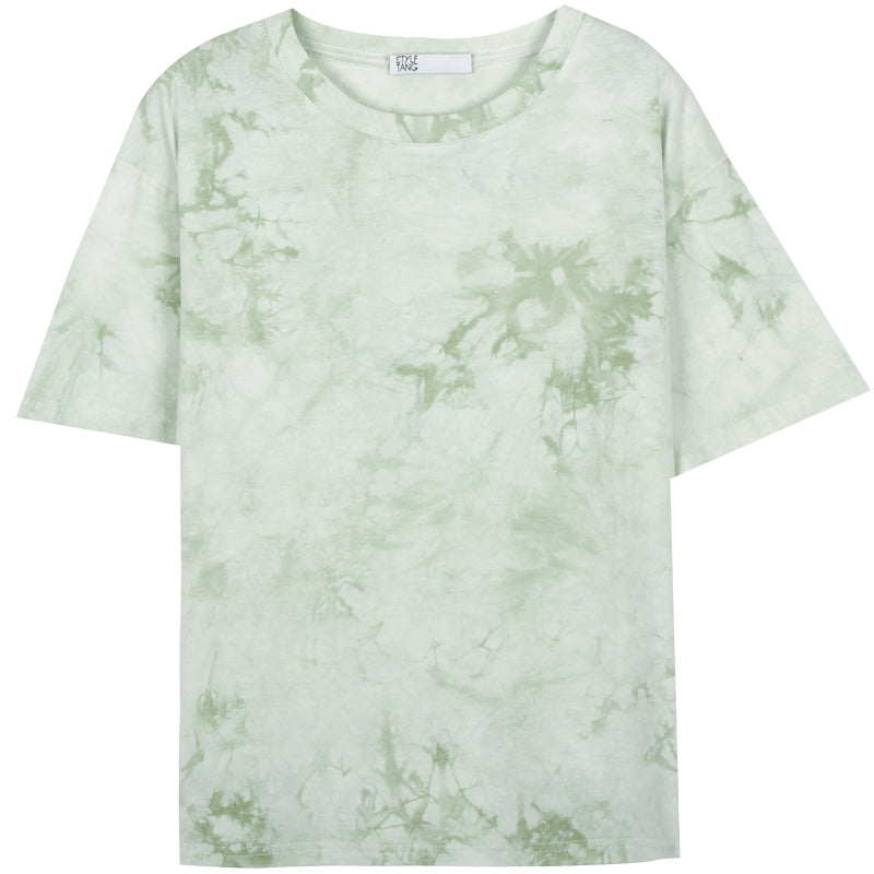 American Retro Green Tie-Dye Kurzarm-T-Shirt Damenmode Ins Nischendesign Top Hair Two