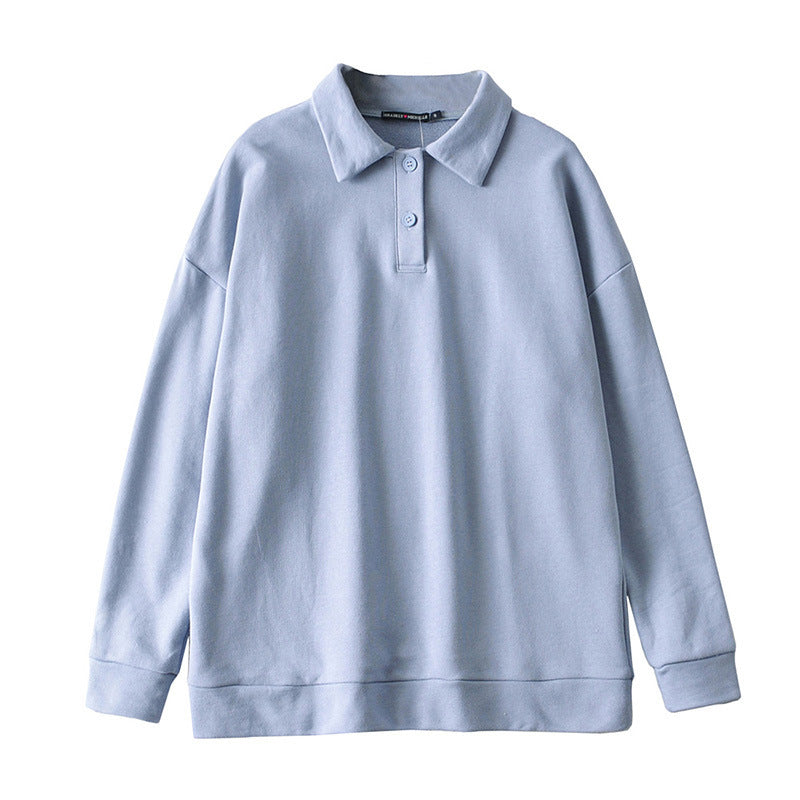 Sweater Loose Long Sleeve Women's Blue Lapel Solid Color Top