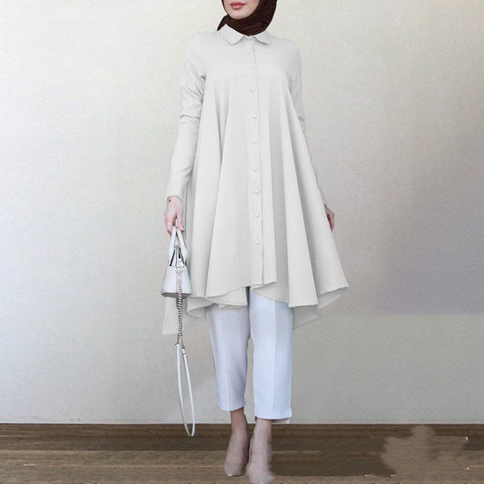 Neues muslimisches Langarmhemd mit einfarbigem Reverssaum für Damen
