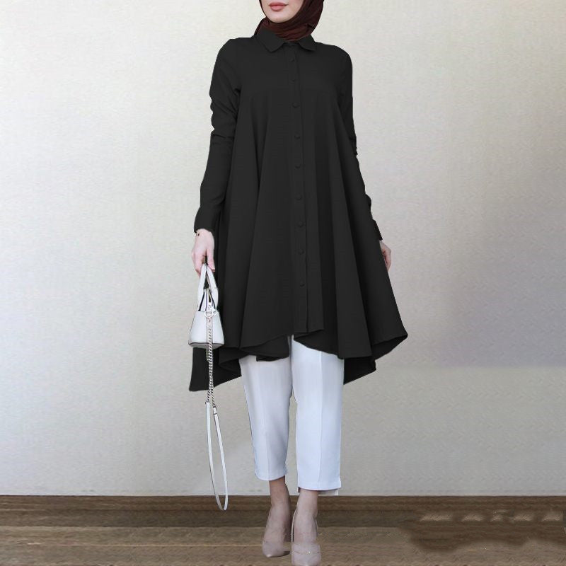 Neues muslimisches Langarmhemd mit einfarbigem Reverssaum für Damen