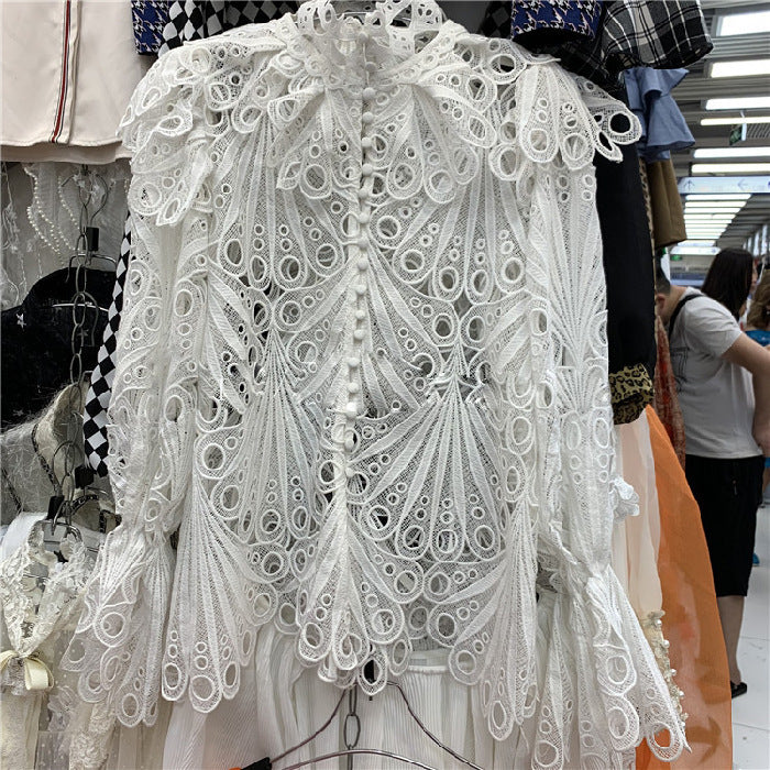 High Neck Lantern Sleeves Ruffled Heavy Embroidery Cutout Lace Shirt