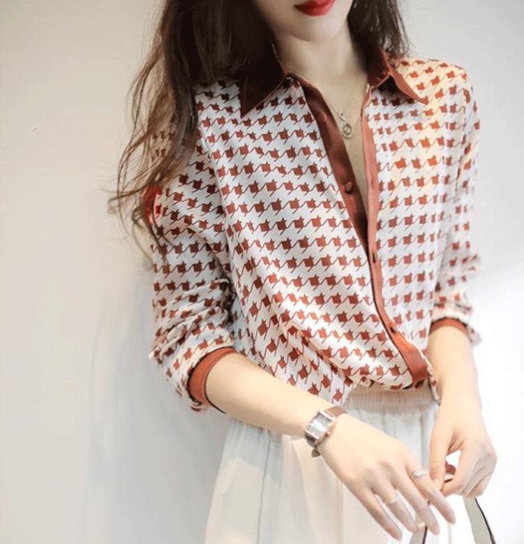 British Style Exquisite And Elegant Houndstooth Element Loose Long-sleeved Silk Shirt