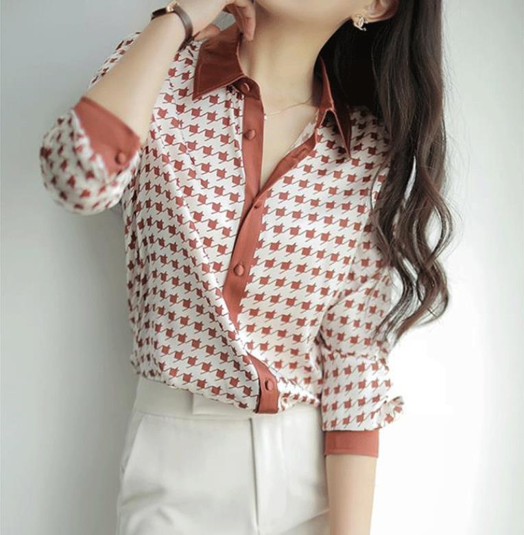 British Style Exquisite And Elegant Houndstooth Element Loose Long-sleeved Silk Shirt