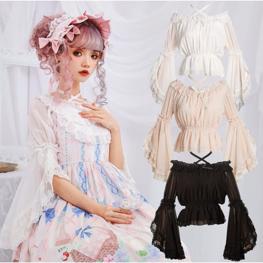 Süße Sommer Lolita Transparente Bluse mit ausgestellten Ärmeln Lolita Top Alice Girl Shirt B306