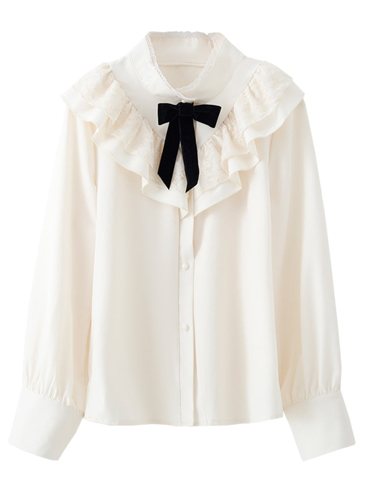 Women's Bow-knot Side Stand-up Collar All-match Ruffled Lace Blouse