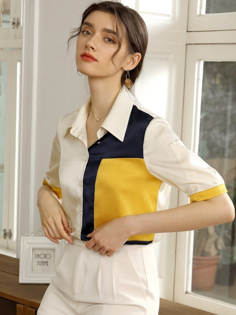 Summer New Style Ladies Color Matching Shirt OL Tongsha Shirt Short Sleeves