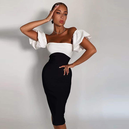 Black And White Sexy Tube Top Bandage Puff Sleeve Dress Dress