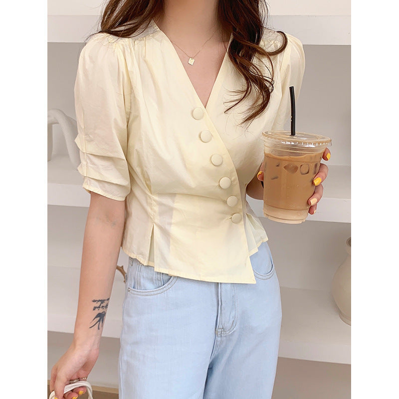 Summer New Style Korean Design Puff Sleeve Short Blouse Women