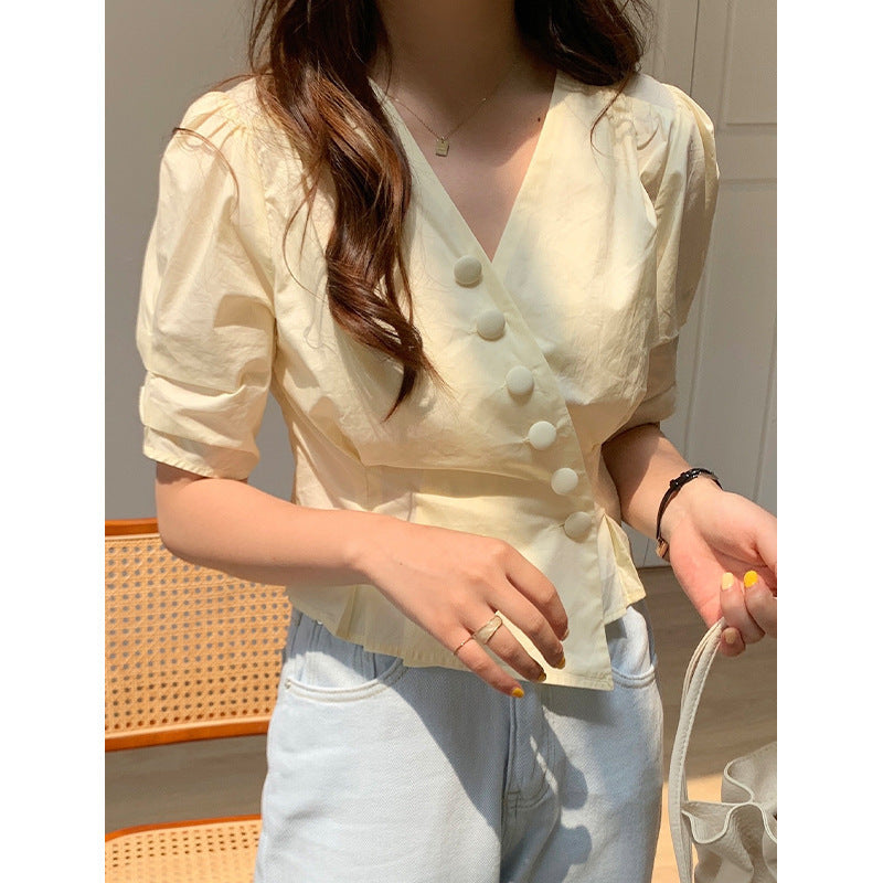 Summer New Style Korean Design Puff Sleeve Short Blouse Women