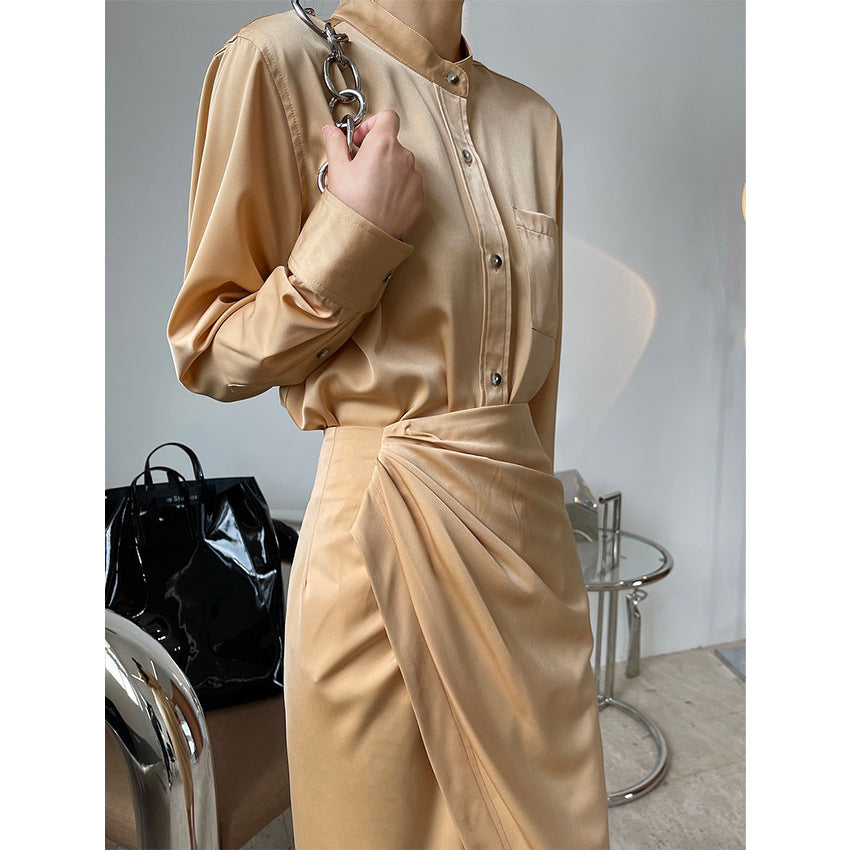 Temperament Shirt Round Neck Loose And Thin Gloss Draping Blouse Women Thin