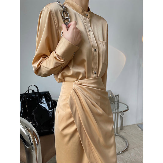 Temperament Shirt Round Neck Loose And Thin Gloss Draping Blouse Women Thin