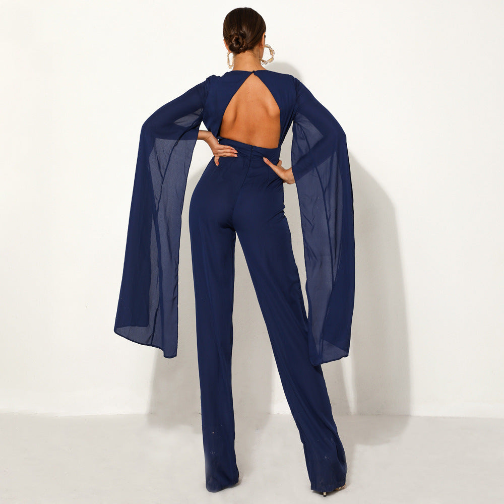 Deep V High Waist Chiffon Long Sleeve Halter One Piece Wide Leg Pants