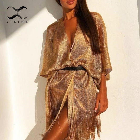 Tassel gold bikini cover up Sexy beach dress for women beach
